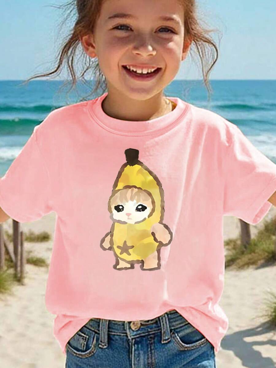 Banana Character With Star T-Shirt For Girls - Pink - View 1