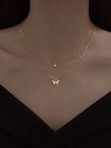 1 Piece Double Layer Butterfly Necklace, Elegant Clavicle Chain, Minimalist Design - Gold Yellow - View 1
