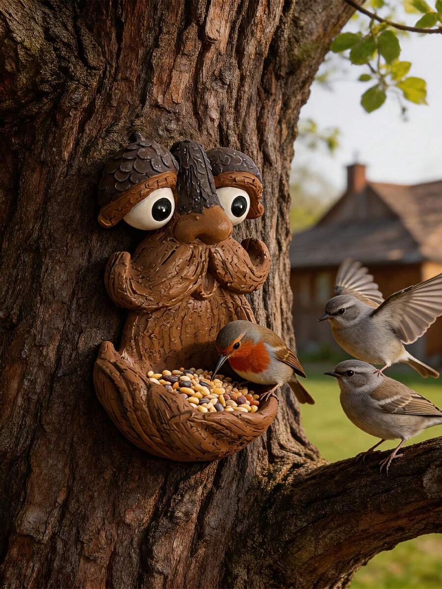 1pc Outdoor Garden Resin Big Mustache Bird Feeder Decor, With Big Mustache And Big Eyes Design, Suitable For Tree Decoration, Bird Feeding, Garden Arrangement, Tabletop Decoration, Perfect Gift For Mother's Day/Father's Day/Spring Outdoor Decor, Nature Gardening Enthusiasts - A - View 1