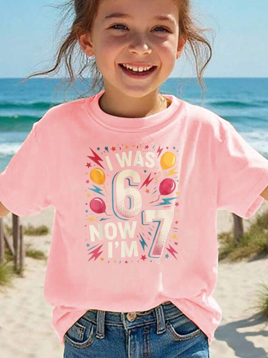 Colorful Numbers And Stars Design Printed T-Shirt For Kids - Pink - View 1