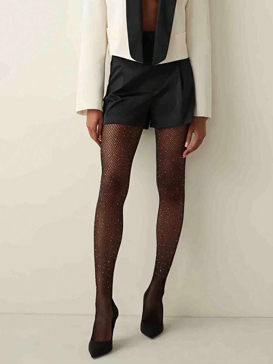 1pc Women's Rhinestone Fishnet Tights, Suitable For Dates, Parties, Mini Skirts And High Heels - Black - View 1
