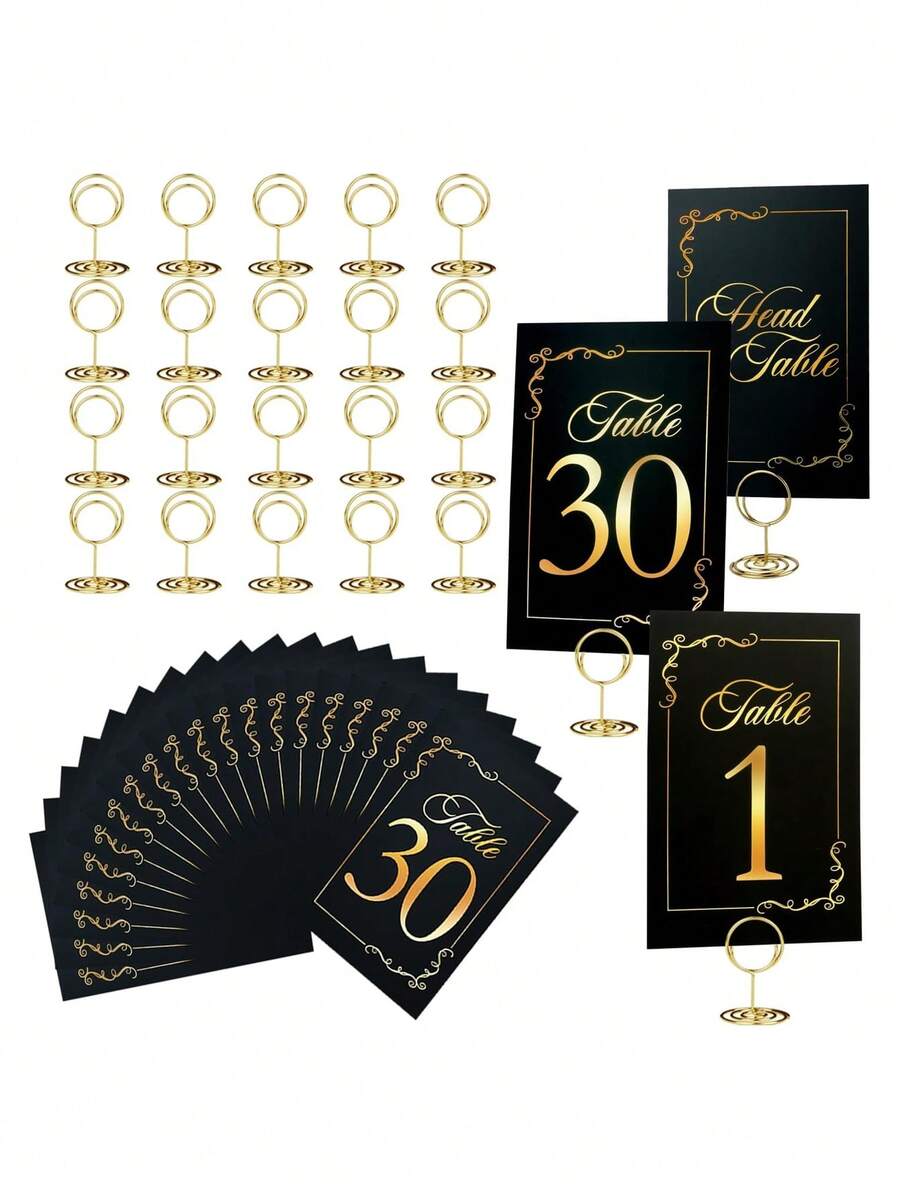 24/31/62pcs Wedding Table Numbers 1-30 With Header Cards, Black And Gold Cards And Holders, For Weddings, Graduations, Baby Showers, Birthdays And Other Occasions, Gold Table Number Set