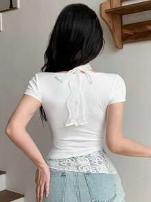Camiseta de manga corta con bloques de color para mujer, Tops cortos para mujer, Tops lindos para mujer - Blanco - Ver 8