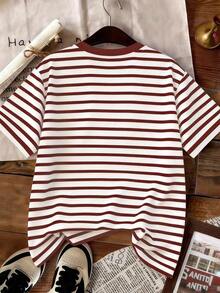 Camiseta de manga corta de punto ajustada con rayas y contraste de color para mujer - Rojo - Ver 2