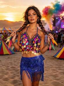 Áo hai dây crop top vỏ sò đính sequin nhiều màu kèm chân váy hông tua rua sequin, phù hợp cho lễ hội Carnival, lễ hội âm nhạc sa mạc và lễ hội EDM (có nhiều màu sắc) - Nhiều màu - Xem 12