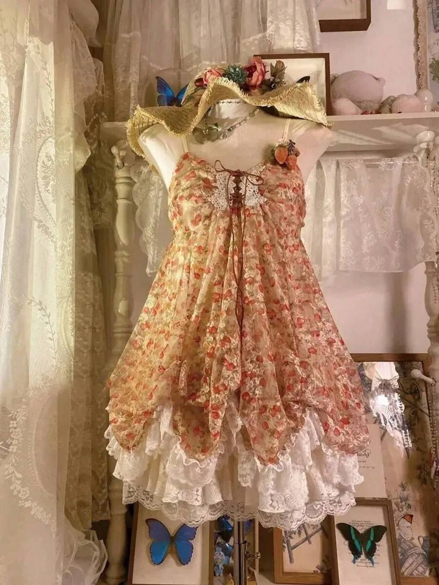 Retro Cute Lolita Dress Women Japanese Sweet Lace Bow Ruffle Cake Dresses Harajuku Y2k Slim Bandage Summer 2026 Kawaii Elegant Party Wear - 6118 橙色 - 查看 1