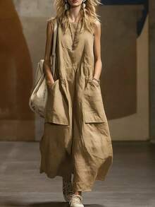 2026 Spring/Summer New Loose Sleeveless Dress With Three-Dimensional Pockets - Milky - View 8