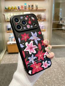 1pc Lily Floral Print Magnetic Stand Phone Case, Covers, "Enjoy Your Life" Slogan Design, Integrated Stand Black Matte Anti-Drop TPU Protective Cover, With Raised Camera Protection, Hands-Free For Watching Shows / Video Calls, Fresh Floral Style, Ideal For Daily Use Or Birthday / Valentine's Day Gift, Phone Accessories, Quick Ship, Compatible With IPhone Cases& Galaxy Cases, Compatible With Iphone 17 - Black - View 4