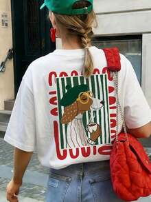 T-shirt da donna a maniche corte e girocollo con stampa a tema vacanze, vestibilità comoda e rilassata, ideale per l'estate, la spiaggia, l'ufficio e l'uso quotidiano, colore bianco. - Bianco - Visualizzare 7