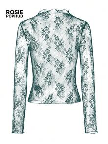 ROSIE POPHUB 女款深綠色透視刺繡蕾絲優雅性感修身網紗長袖寬鬆T恤，適合約會、日常、辦公室、夏季 - 墨綠色 - 查看 10