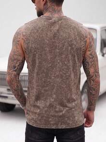 Áo ba lỗ nam nhuộm loang giặt wash, phong cách thể thao thường ngày in hình ngựa nhỏ, cổ tròn retro cho đi biển & nghỉ lễ - màu nâu - Xem 5