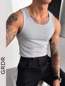 GRDR 男士夏季无袖纯色修身背心，运动休闲两相宜 - 淺灰色 - 查看 3