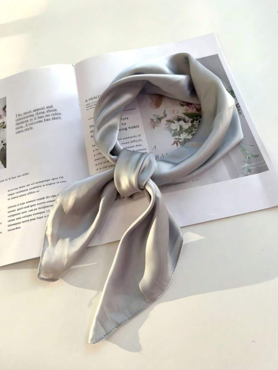 Syal Sutra Persegi Warna Polos untuk Wanita, Modis, Serbaguna sebagai Ikat Rambut, Sabuk Pinggang, Tali Tas, Syal Multifungsi - Light Grey - View 1