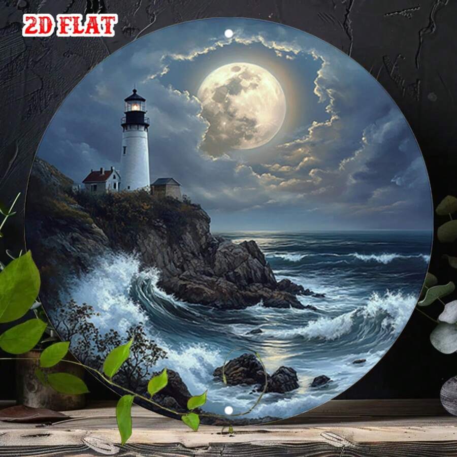 2D Flat - Round Metal Sign, Depicting A Lighthouse Under A Full Moon By The Sea, Vintage Country Style Design, Perfect For Vintage Home Decor
