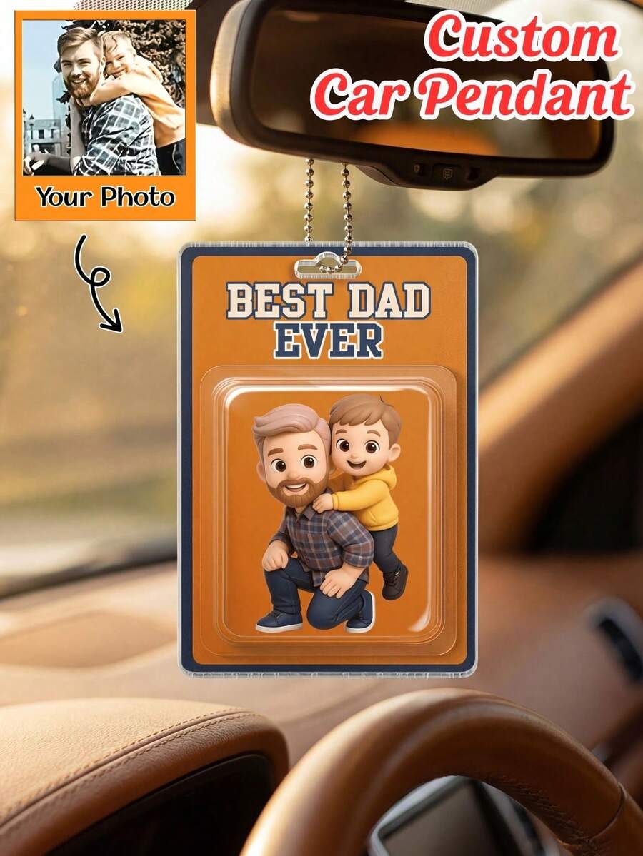 1/3/5PCS Personalized Dad Acrylic Car Hanger, Custom Photo & Text UV Acrylic Car Ornament, Customizable Father-Child Cartoon Style Car Pendant, Thoughtful Father's Day Gift From Kids, Endless Love Keepsake, Car Rearview Mirror Decor, Gift For New Dads, Stepdads, Grandpas, Ideal Birthday & Father's DayPresent - Normal - View 1