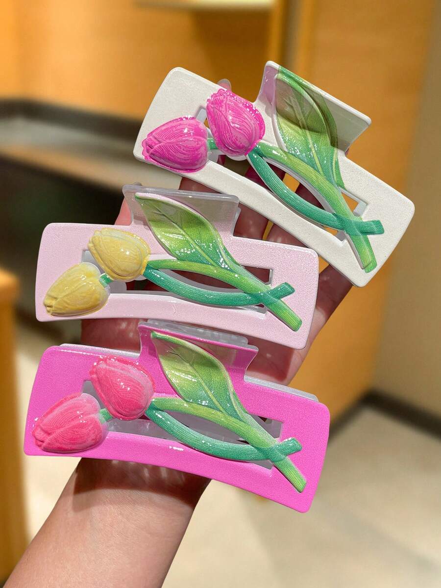 3入組鬱金香花朵髮夾，大號髮爪，波希米亞風女性髮飾。適合休閒、購物、夏威夷、海灘、校園、約會。夏季配件。