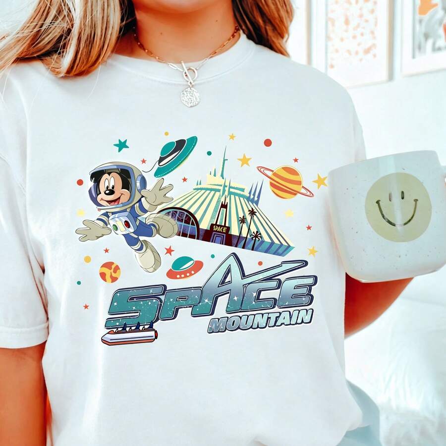 Disney Women's And Men's T-Shirts Cartoon Style Astronaut Mickey Space Mountain Printed Oversized T-Shirts, 100% Cotton Retro Short-Sleeved Casual Shirts, And Graphic Printing T-Shirts For Fun Park Themed Matching Outfits - trắng - Xem 1