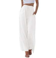 Pantalones de lino holgados de talla grande para mujer, con bolsillos y cordón ajustable, de pierna ancha. - Rojo - Ver 5