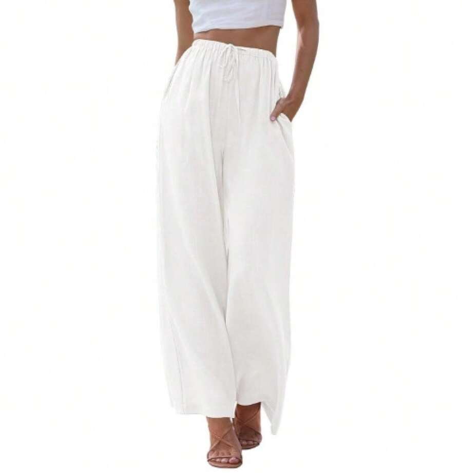Women's Plus Size Loose Linen Trousers With Pockets And Adjustable Drawstring, Wide Leg. - 白色 - 查看 1