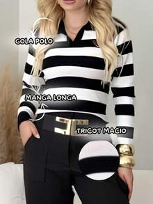 Women's Striped Knit Blouse With Long Sleeves And Polo Neck - Modern, Elegant, Casual Knit Sweater - 棕色和淺藍色 - 查看 2