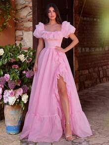 Faeriesty Women's Elegant Ruffle Off-Shoulder Organza Formal Party Dress, Evening Gown, Wedding Guest Dress, Summer Vacation Outfit Pink Spring - Pink - View 1