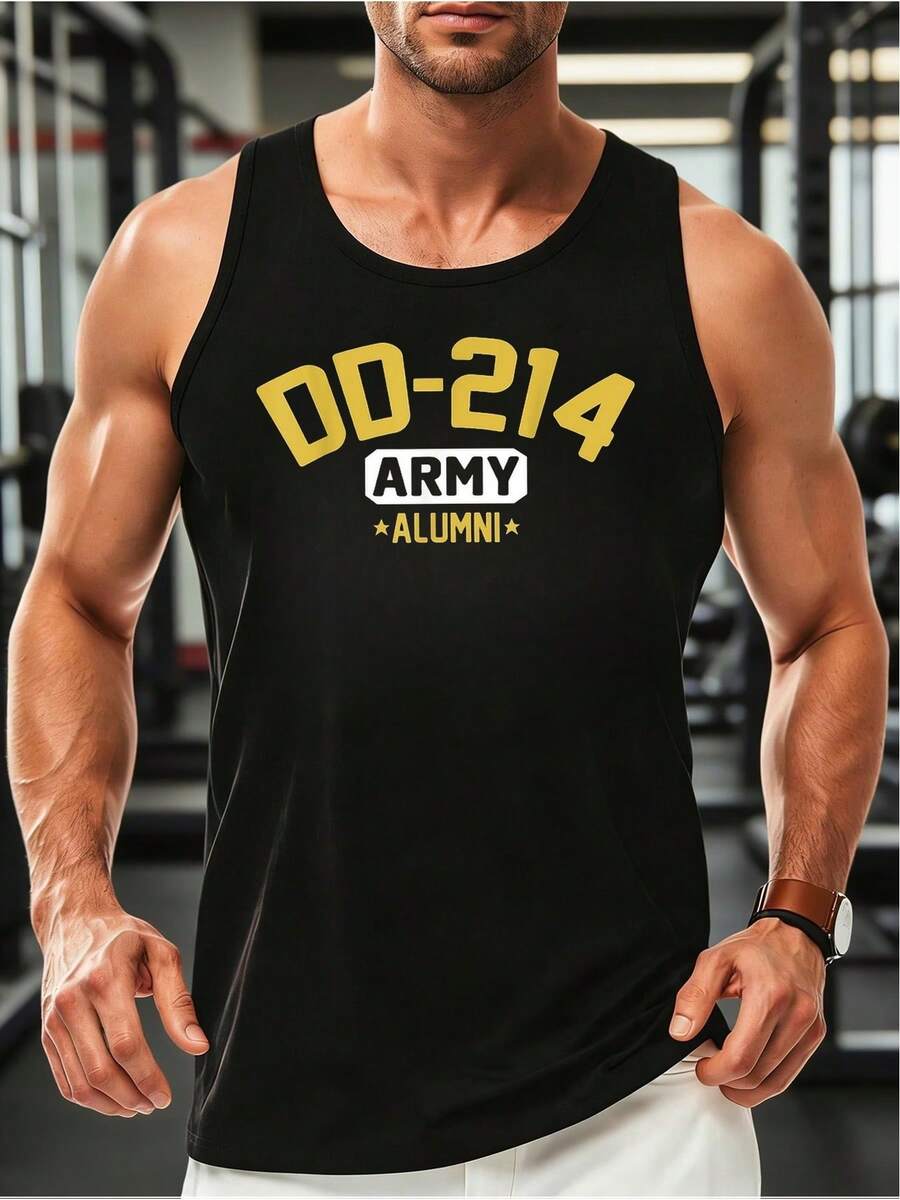 S-XXXL Army Alumni Men's Military Fitness Tank Top - Sleeveless Workout Vest With Military Print, - Gym & Outdoor Training Apparel, Machine Washable Round Neck Shirt Suitable For And Casual Wear - 黑色 - 查看 1