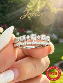 Jessie Jewelry 1 Stück luxuriöser und glamouröser glänzender vintage 925 Silber Kubikzirkonia Kronen-Design Doppelring, elegantes Geschenk für Frauen zum Tragen an Dates, Partys und im Alltag - Silber - Übersicht 2