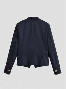 ZAHM Mantel Crop Kerah Tegak Navy dengan Kancing Emas Vintage dan Pinggang Pas Badan - Navy Blue - View 8