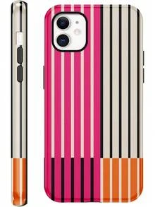 iPhone15 Handyhülle (,), gestreiftes Design, geeignet für Mädchen, schönes rosa-grünes Streifenmuster, Schutzhülle, doppelschichtige stoßfeste weiche farbige Silikon-TPU-Handyhülle, gestreifter Stil. - Weiß 5 - Übersicht 1