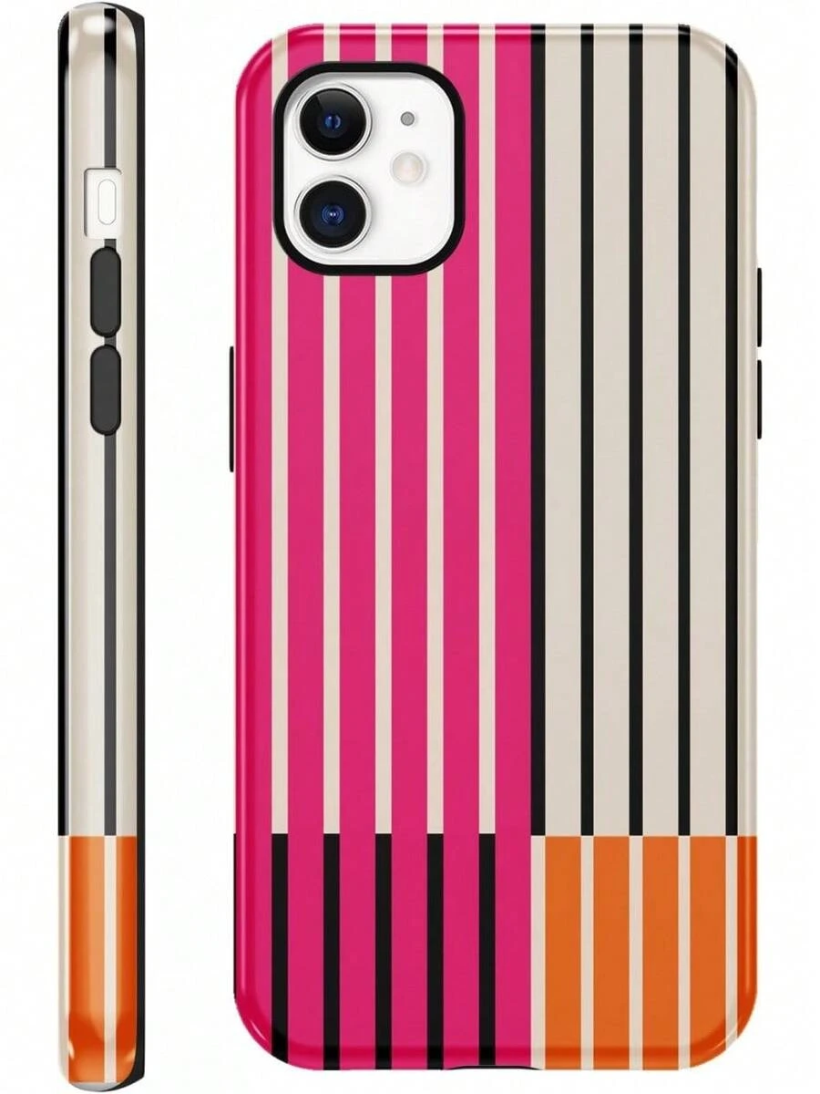 iPhone15 Handyhülle (,), gestreiftes Design, geeignet für Mädchen, schönes rosa-grünes Streifenmuster, Schutzhülle, doppelschichtige stoßfeste weiche farbige Silikon-TPU-Handyhülle, gestreifter Stil. - Weiß 5 - Übersicht 1