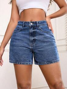 PETITE Pantalones cortos de mezclilla lavada para el verano - Azul lavado oscuro - Ver 3