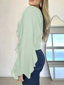 Blusa casual de gasa con cuello en V elegante, manga larga, con volantes y botones asimétricos, para el verano - Verde - Ver 7
