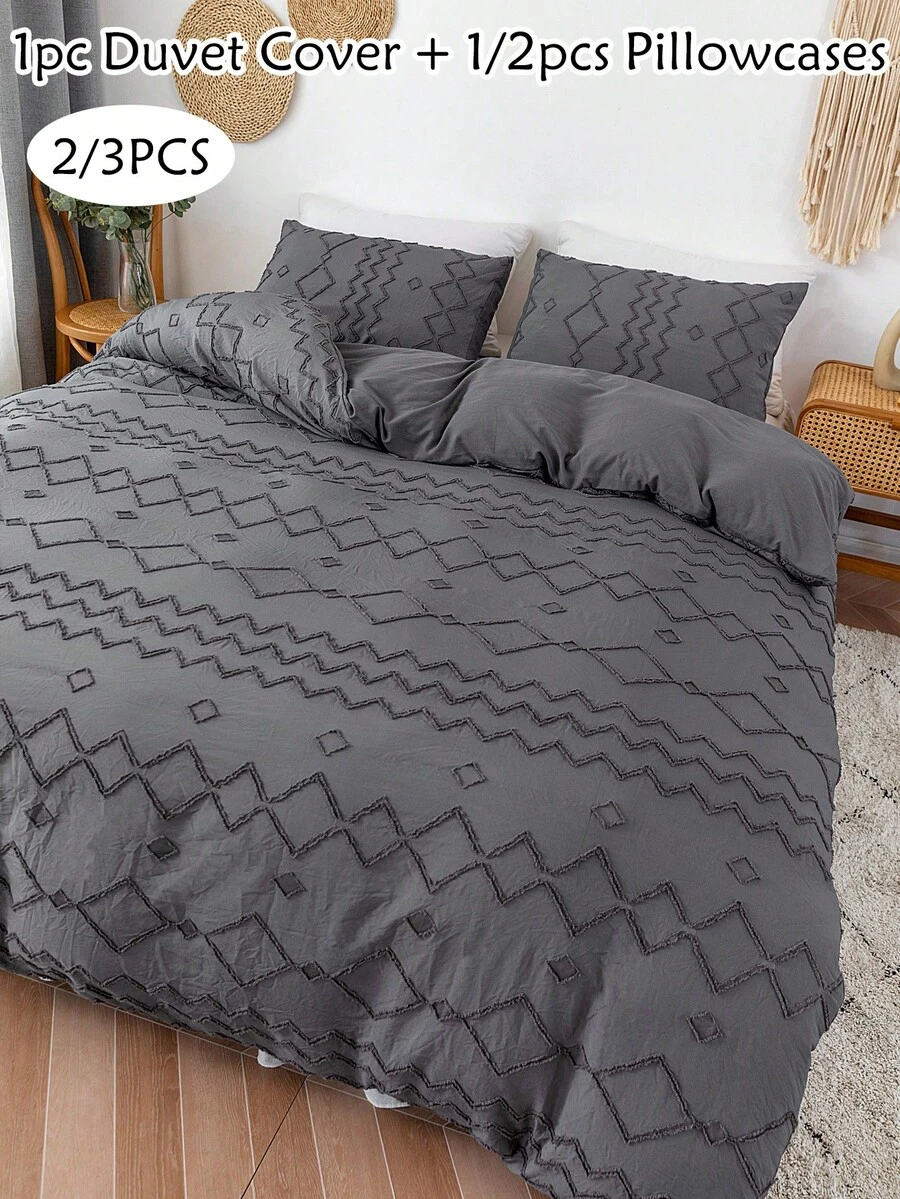 2/3件套波西米亚风深灰色镂空被套组，几何菱形图案复古做旧涤纶床上用品套装，四季皆宜，柔软透气，可机洗，女士礼物，ins风家居装饰，适合单人/双人/大号/特大号床（1个被套+1/2个枕套，不含填充物）