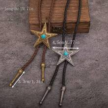1pc Turquoise Pentagram Retro Leather Cord Necklace, American Western Cowboy Style - Turquoise Pentagonal Vintage Leather Collar Rope Necklace - View 2