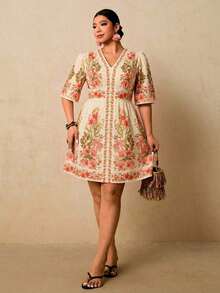 Vestido corto con estampado floral negro para mujer de talla, vestido corto con cuello en V, manga corta y cintura ceñida, vestido romántico para vacaciones en una isla a principios de primavera, vestido bohemio - Blanco - Ver 11