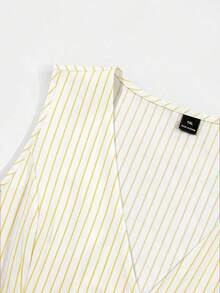 Vestido de rayas amarillo claro con cuello en V, sin mangas y corte evasé para mujer de talla - Elegante y de moda, con cinturón decorativo metálico, para uso casual, de oficina, paseos y fiestas deé por la tarde - Negro - Ver 6