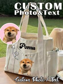 Personalized Pet Photo And Name Tote Bag, Large Capacity Shoulder Bag, Suitable For Work, Travel And School Use. Portable, Multifunctional, Versatile, Lightweight And Practical. Suitable For Anniversary, Holiday/Vacation And Other Occasions. Wide Range Of Uses, Cute, Simple And Fun. Perfect Birthday, Anniversary And Valentine's Day Gift For Pet Lovers. - Multicolor - View 3