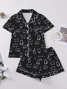 Set Piyama Wanita 2 Potong, Motif Kucing, Pakaian Santai Wanita, Pakaian Liburan Musim Semi/Panas, Set Atasan Lengan Pendek dan Celana Pendek - Hitam - View 7