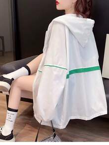 女款夏季戶外長袖防曬襯衫，薄款寬鬆連帽拉鍊開襟外套上衣 白色 - 白色 - 查看 5