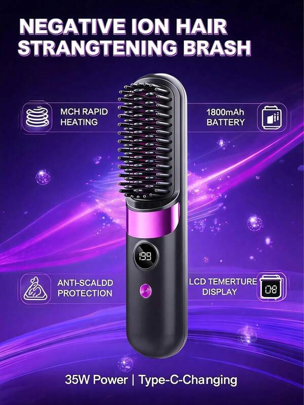 Pelurus Rambut Nirkabel Ion Negatif 2-in-1, Sikat Pelurus & Penambah Volume, Teknologi Pemanas Keramik MCH, 4 Pengaturan Suhu, Pengisian Daya USB-C, Layar Digital, Anti-Luka Bakar, Hadiah Perjalanan Portabel