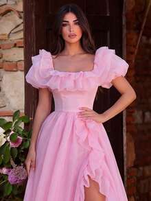 Faeriesty Women's Elegant Ruffle Off-Shoulder Organza Formal Party Dress, Evening Gown, Wedding Guest Dress, Summer Vacation Outfit Pink Spring - Pink - View 3