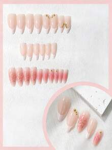 24 piezas de pegatinas de uñas con forma de almendra minimalista nude estilo francés, diseño floral 3D, textura de concha francesa blanca con acentos de cuentas doradas, estilo suave y elegante, ¡ajuste perfecto para hacer que tus dedos brillen y cautiven! Adecuado para niñas y mujeres para uso diario, citas y fiestas de uñas - Multicolor - Ver 2