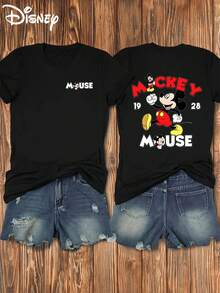 Disney Authorized Mickey Mouse Print |     Front And Back Prints, Soft And Elastic Casual Short-Sleeved Top, Fashionable Short-Sleeved Round-Neck T-Shirt, Women's Clothing - màu đen - Xem 1