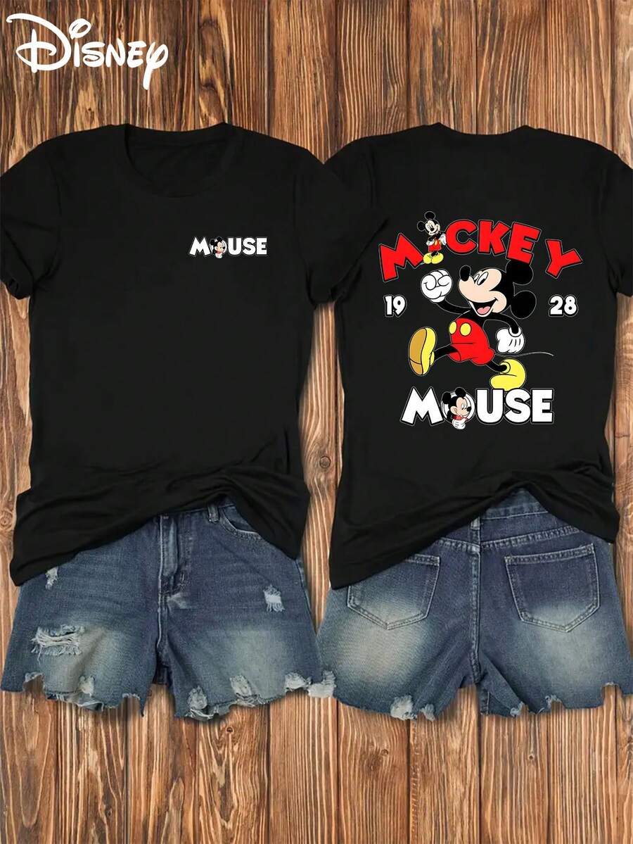 Disney Authorized Mickey Mouse Print |     Front And Back Prints, Soft And Elastic Casual Short-Sleeved Top, Fashionable Short-Sleeved Round-Neck T-Shirt, Women's Clothing - màu đen - Xem 1