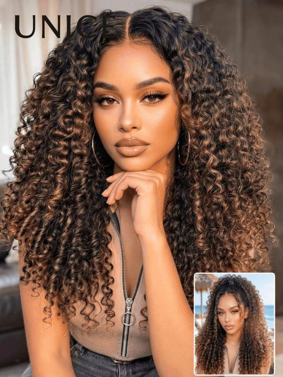7x5 Inch Invisible Drawstring Hair Extension, Black To Chestnut Gradient, Burmese Curly Hair, Fingertip Curly Ends, 100% Human Hair, Pre-Cut, Pre-Bleached, Pre-Trimmed, Unice Women's Wig