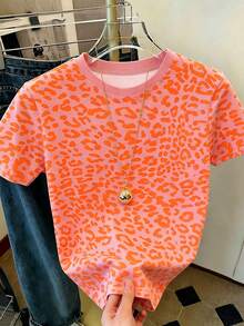 Women's Neon Orange Leopard Print Summer Casual Round Neck Short Sleeve Simple T-Shirt - Multicolor - View 1