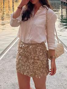 性感亮面亮片迷你裙 女款時尚黃色派對緊身高腰裙 度假美學風 - 卡其色 - 查看 4