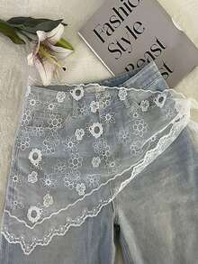 1pc French Floral Embroidered Mesh Apron, Soft Tie-Up Asymmetrical Layered Waist Chain - Multicolor - View 8