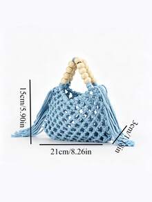 Casual Light Blue Crochet Mesh HandBag With Wooden Bead Handle And Tassel, Breathable Openwork Design, Ideal For Vacationers, Students And Casual Shoppers, Perfect For Beach Trips, Weekend Getaways And Daily Errands - Blue - View 2