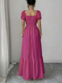 Nuevo vestido con mangas de globo de tela tejida con textura arrugada, con lazo delantero y fruncido trasero, que cintura la cintura, con silueta favorecedora, elegante vestido para ocasiones de vacaciones/casual para mujeres jóvenes - Rosa Fucsia - Ver 2